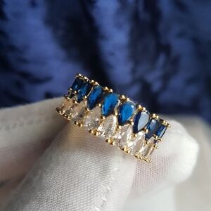 Swarovski Elements Gold Clear & Royal Blue Teardrop Eternity Band Ring NEW